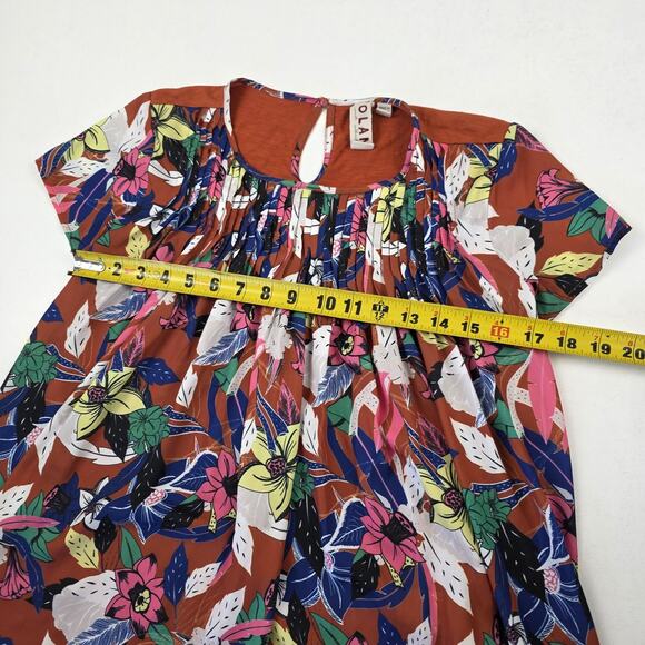 Dolan Left Coast Anthropologie Pleated Floral Top Terra Cotta Short Sleeve XS - Picture 6 of 10